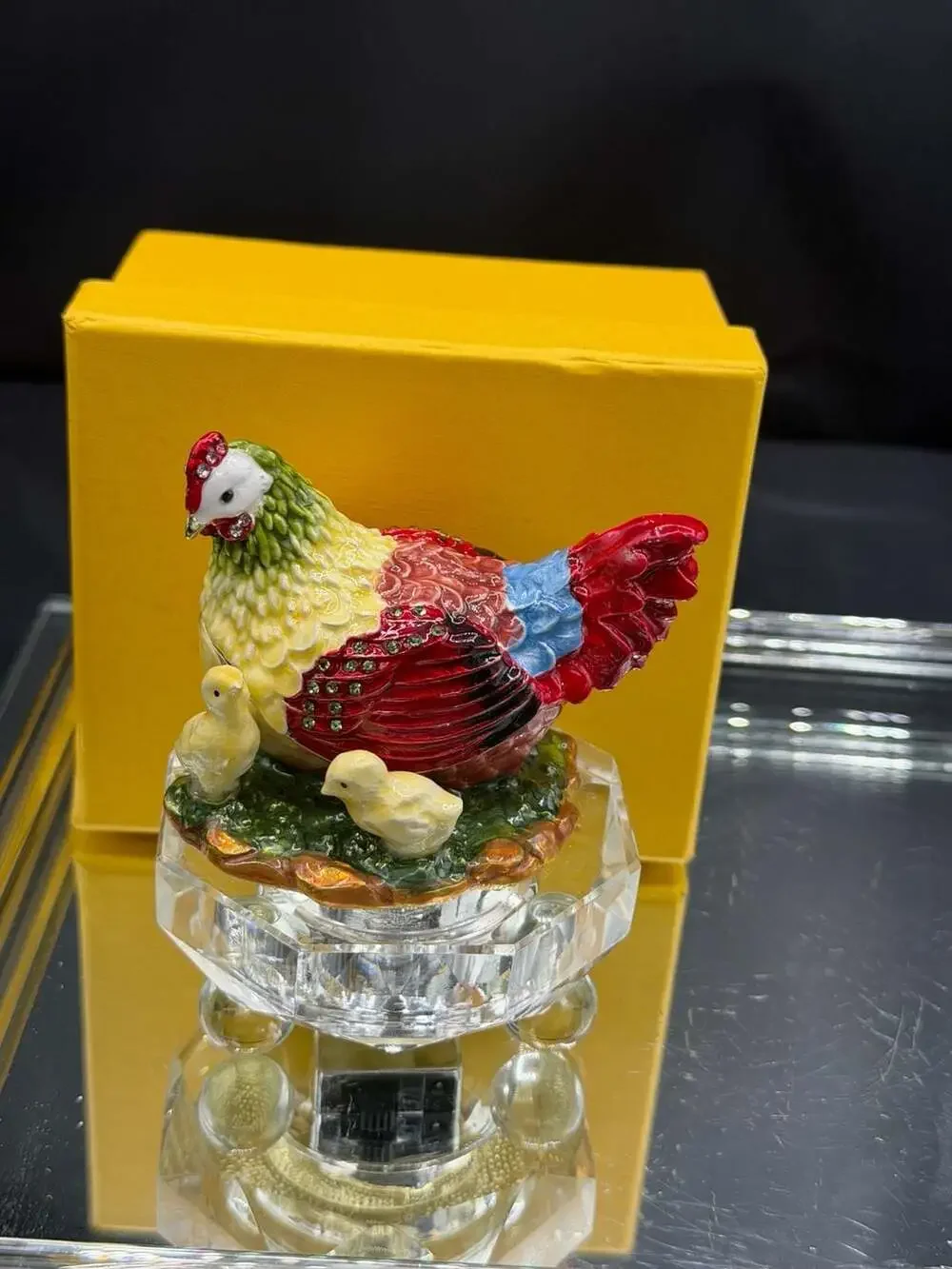 Enamel Hen with Chicks Hinged Trinket Box with Rhinestone Accents